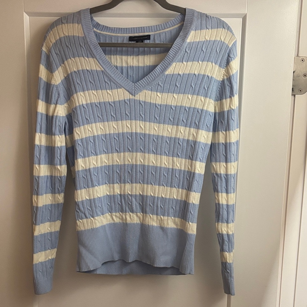 Tommy Hilfiger Light Blue and Cream V-Neck Sweater